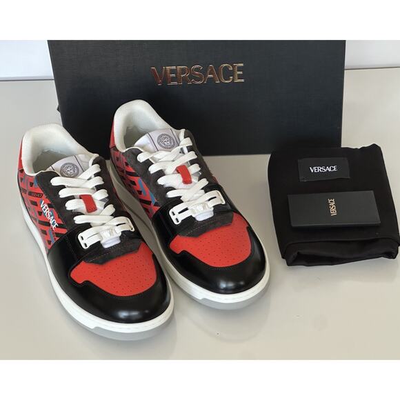 Versace Greca Men’s Leather Black/Orange Red Sneakers 10 US (43) 1013377 IT NIB - Picture 13 of 15